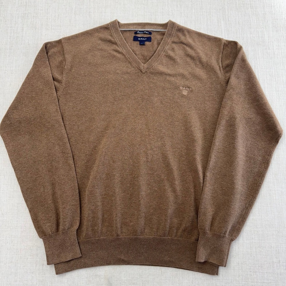 Gant‎ Mens Premium 100% Cotton V-Neck Sweater Brown Large